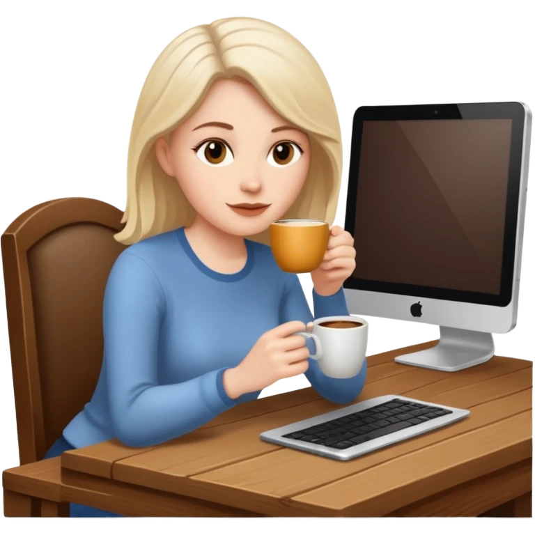 mujer blanca tomando cafe y con un computador sentada en una mesa  emoji