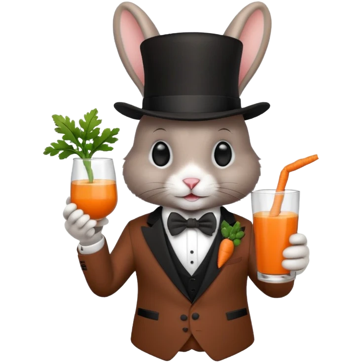 rabbit wearing suit, bowtie and top hat, holding glass of carrot juice emoji