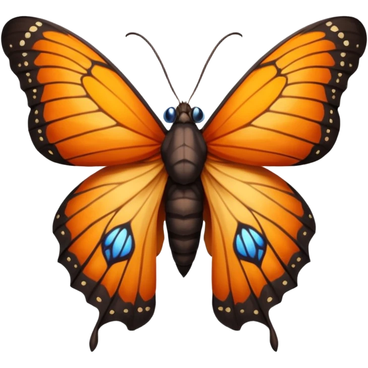 moth with blue eyes mornach butterfly wings orange and yellow with red godzilla eyes on the wings, brown tail, black Moth Insect Arms and legs almost like mothra emoji