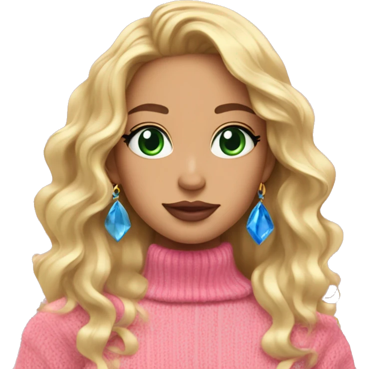 girl pink sweater pink lipstick green eyes blue earrings pink nails golden wavy long hair full body emoji