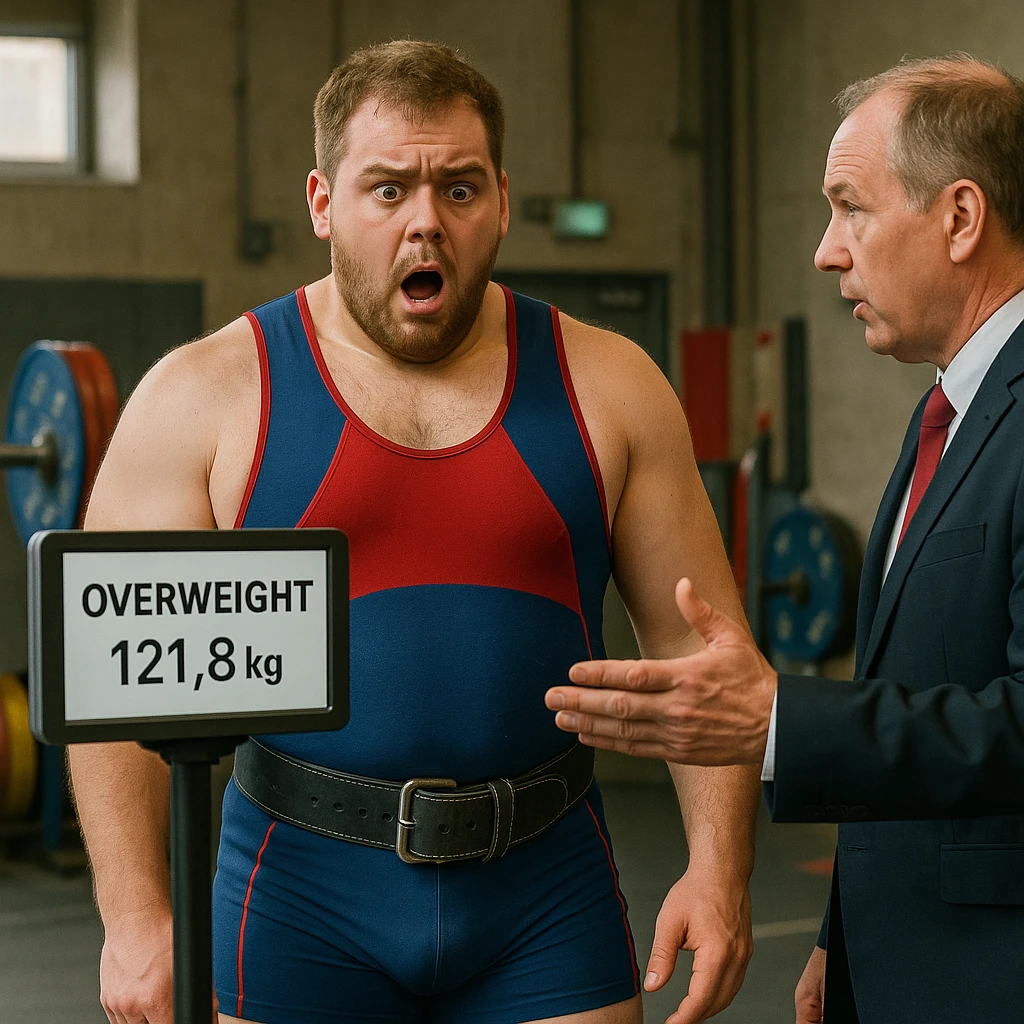 realistic European powerlifter in competition clothing, standing in front of a digital scale showing an overweight reading, shocked and disappointed expression, competition official communicating exclusion, tense atmosphere, detailed, background of weightlifting room or weigh-in area emoji
