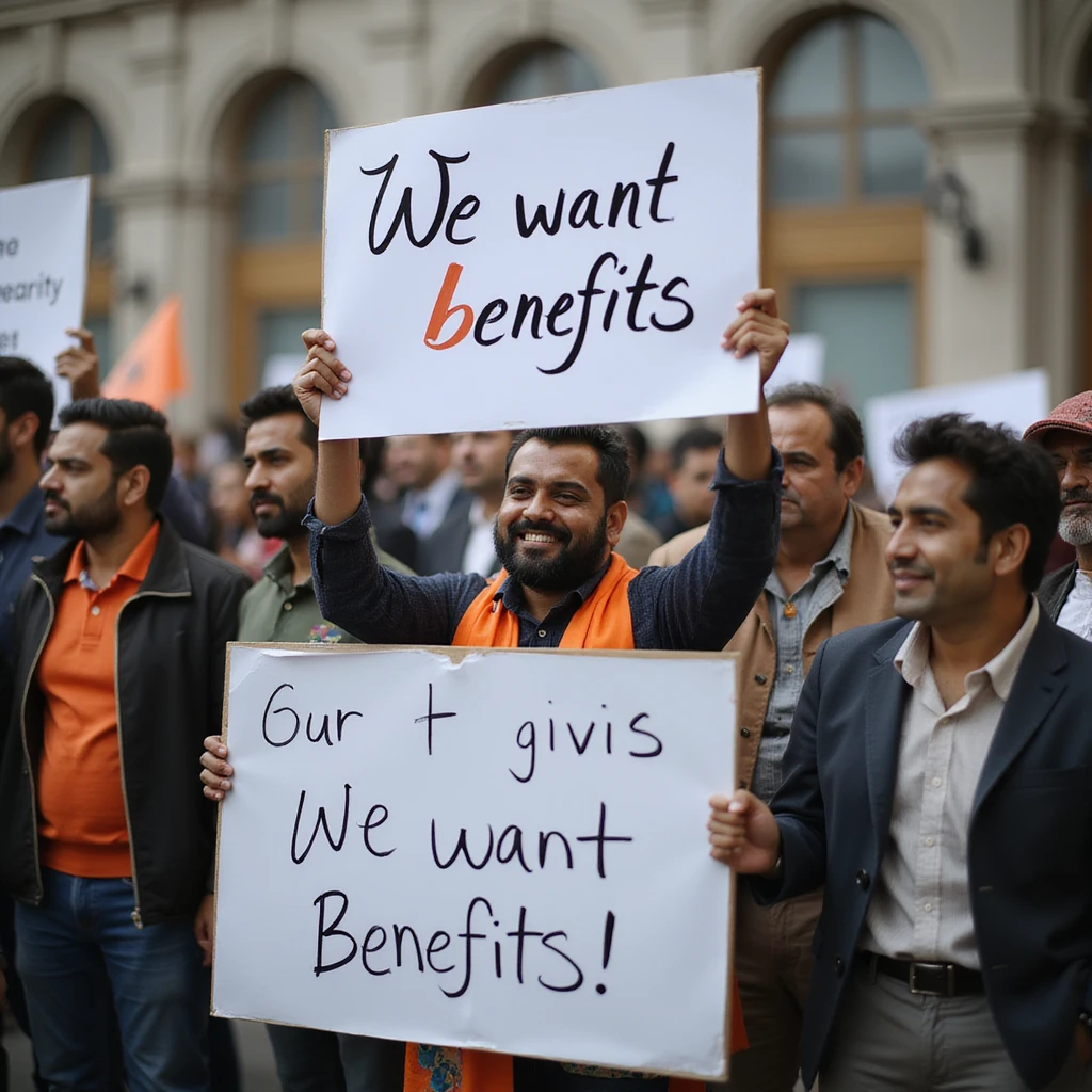 group of indian customers holding a board written "We want benefits" emoji