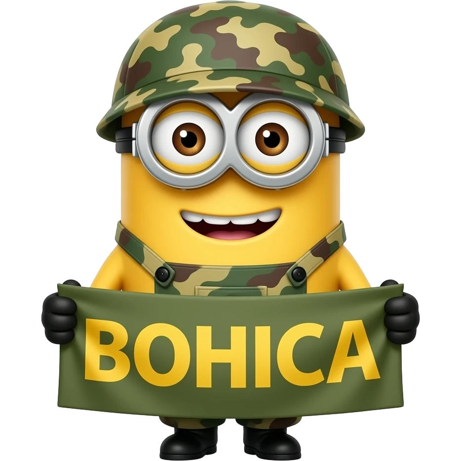 Minion in army fatigues holding Banner Text BOHICA emoji