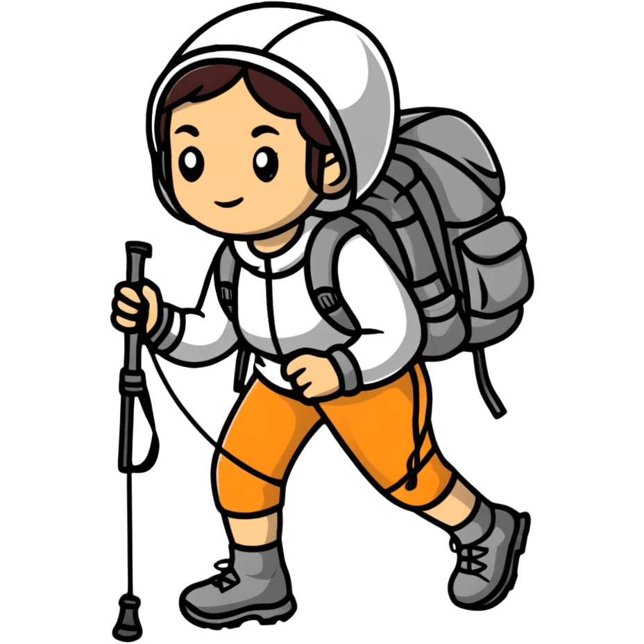 female mountain climber with backpack and hiking poles emoji