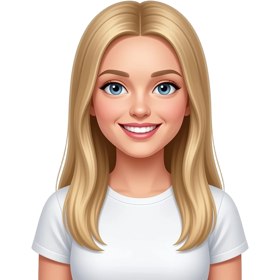 bella ragazza russa bionda capelli lisci lunghi e occhi chiari, con maglietta bianca con espressione molto ride emoji