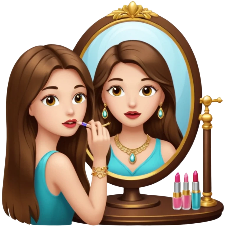 Girl with long brown hair, gold jewelry, and lashes, putting on lipgloss while looking in a mirror  emoji
