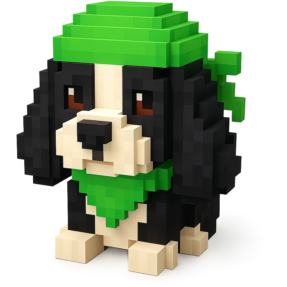 A black and white Russian Cocker Spaniel puppy wearing a green durag, voxel style, facing forward emoji