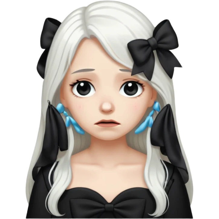 white long hair girl with black bow on her hair wearing black gown with a sad face emoji