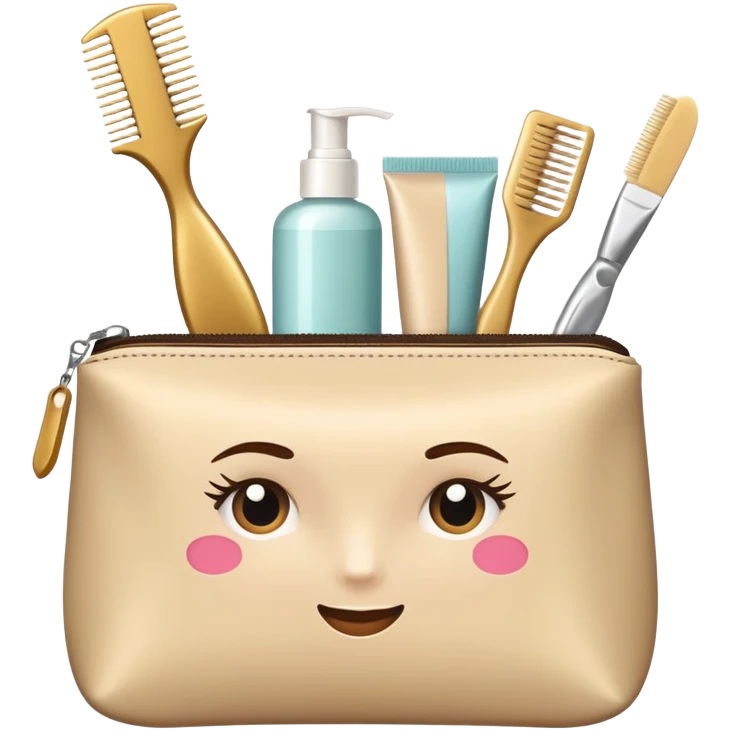 A comb, an elastic band, a hairpin and face cream are in a beige cosmetic bag emoji
