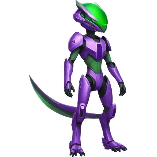 a purple-green Genesect-Raptor-Fakémon—hybrid with a futuristic visor-helmet full body emoji