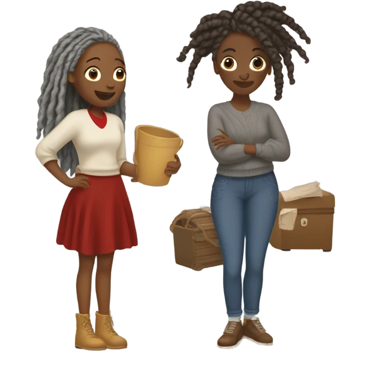 2 women, woman with gray locs, wearing pants , other woman is brown with red locs, in a knee-length dress with a cozy sweater, looking at antique items, shopping in yardsale emoji
