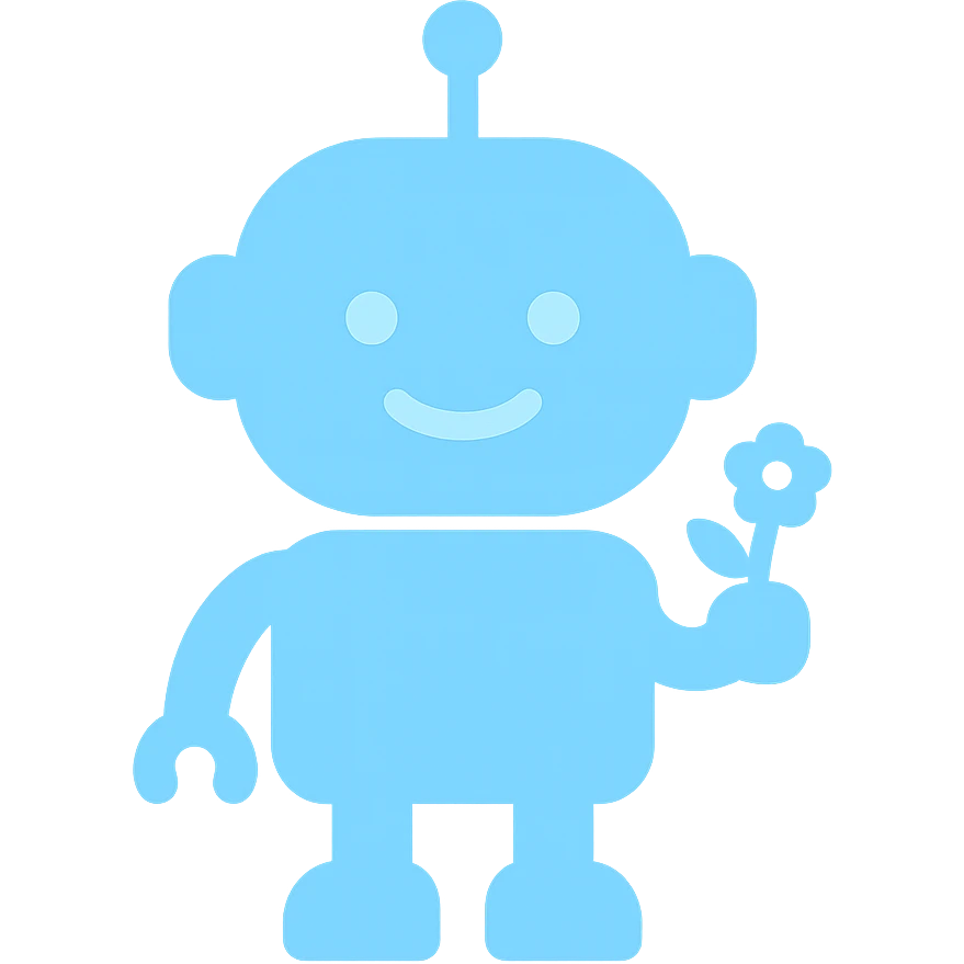 cute robot holding a tiny flower, main color #b0f2f8, color icon style emoji