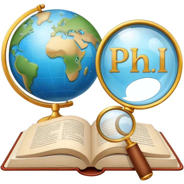 An icon featuring an open book, a speech bubble, and a magnifying glass, symbolizing philology and linguistics. The design includes language symbols, a globe, and alphabet letters, representing the study of languages and their structures. Transparent background  emoji