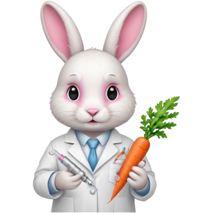 ​​White bunny in lab coat holding carrot syringe.







 emoji