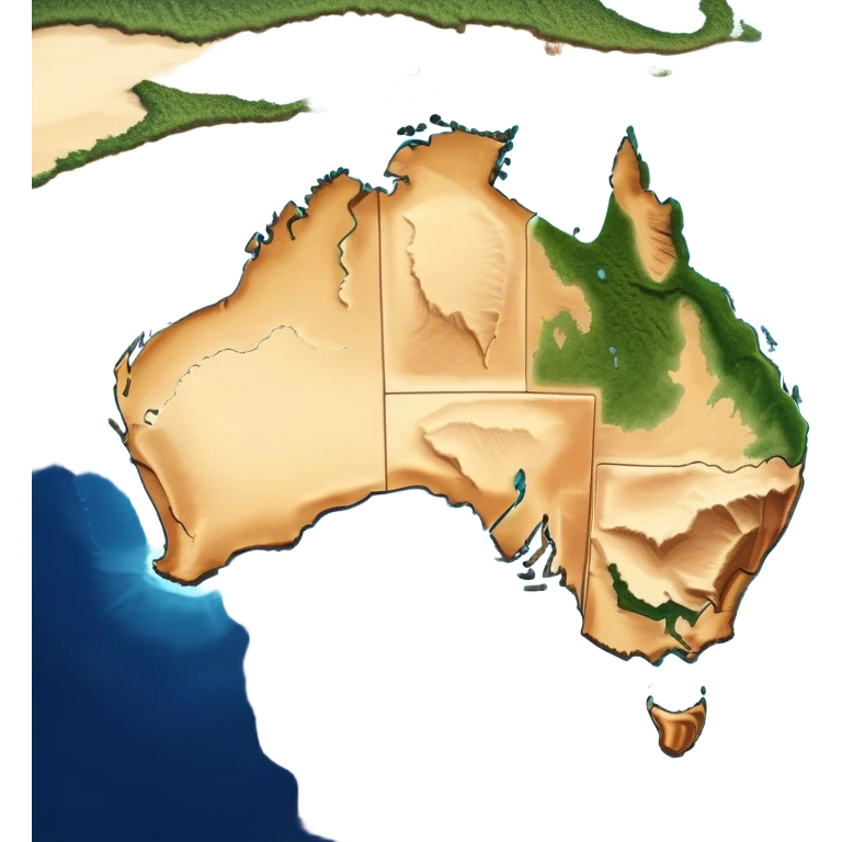 Outline and Landmass of Australia – Cinematic-realistic map of Australia, featuring its distinct coastline and iconic landmass shape. The deep blue ocean surrounds the golden-brown continent, with subtle topographic details highlighting its vast deserts, lush forests, and rugged coastline. A soft glow accentuates the edges, making the shape unmistakable. emoji