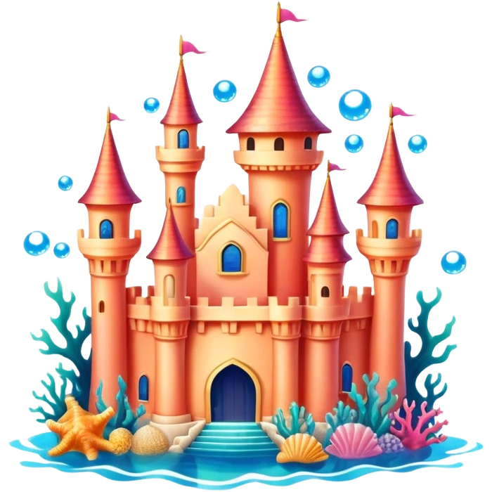 Ariel's underwater castle from The Little Mermaid, golden spires, colorful coral, seashell architecture, bubbles emoji