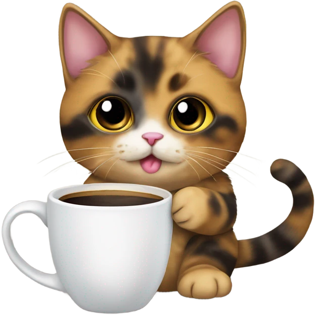 Tortie munchkin cat sitting with a coffee mug in hand emoji