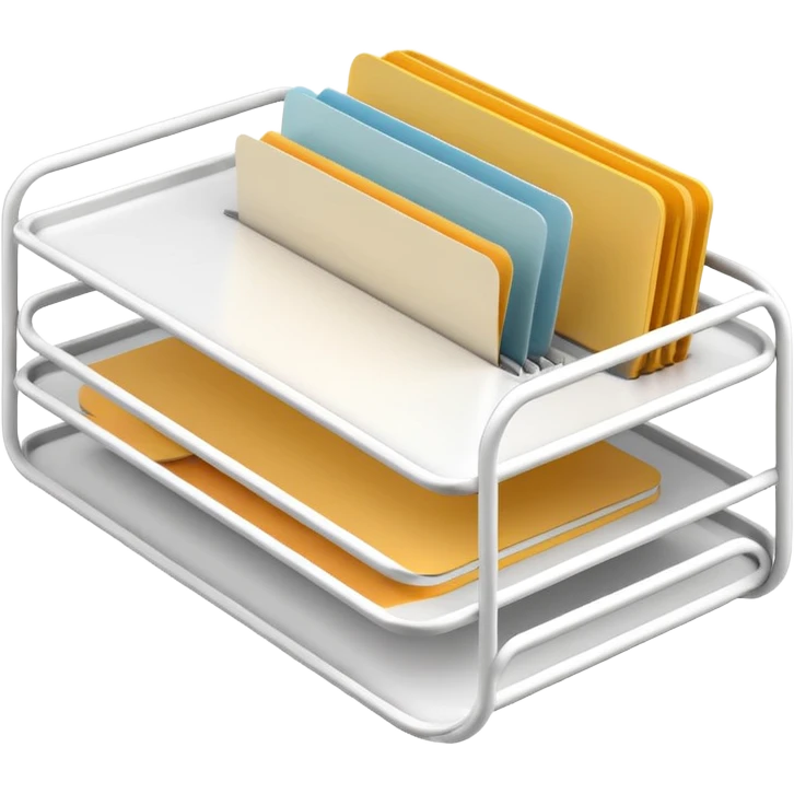 A minimal, clean emoji-style illustration of a white metal desk paper organizer tray, shown in slight isometric view so its structure is readable at a small scale. The organizer is rectangular with rounded corners, made of thin white metal wires, forming two to three stacked horizontal slots. emoji