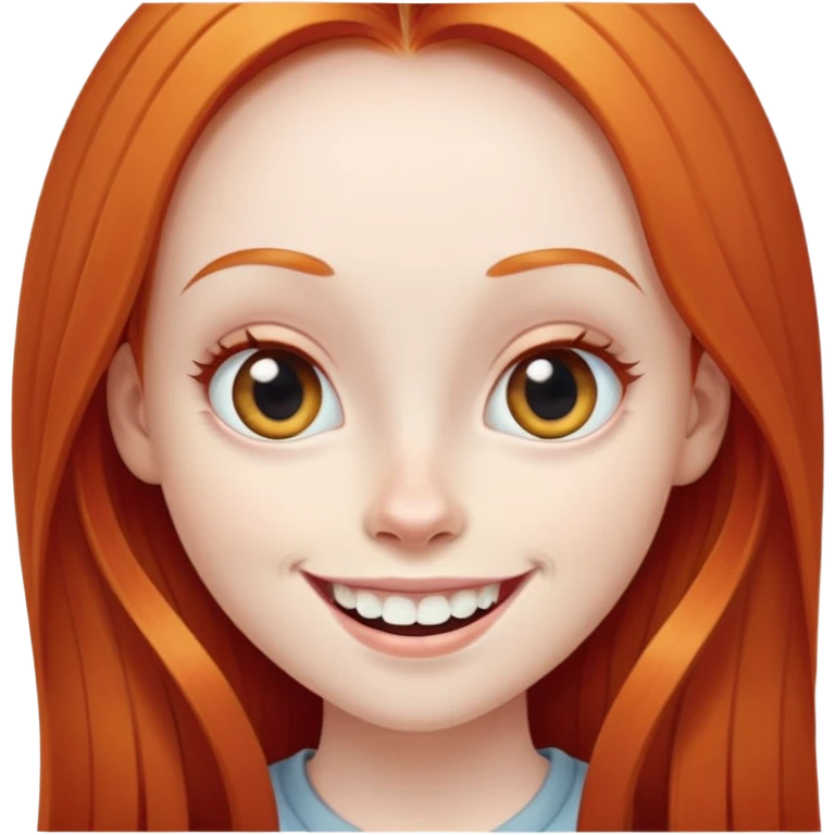 traditional emoji of young girl with very pale skin, long straight bright ginger red hair, very big wide human eyes, wide nose, big smile with extremely large prominent teeth showing, classic round face emoji