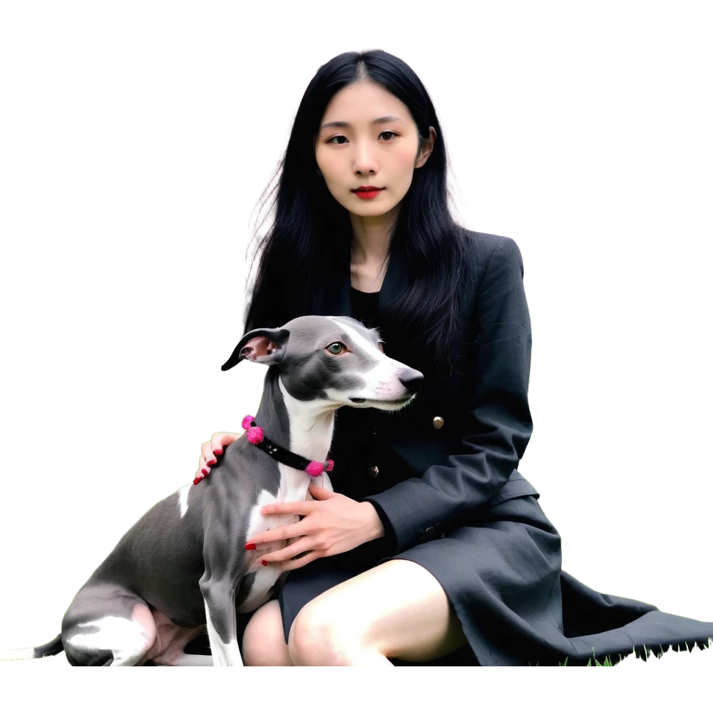 A beautiful 25-year-old Chinese woman with long black hair and a pure dark grey Italian Greyhound with absolutely NO white markings anywhere on its body sitting under a cherry blossom tree. The dog must be completely solid dark grey with no white on muzzle, paws, or chest. emoji
