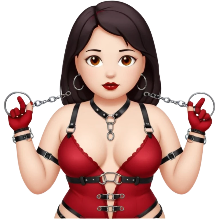 Dominatrix wearing a darkred bdsm style harness lingerie. White skin, chubby, halflong dark hair, hazel eyes. Holding nipple clamps emoji