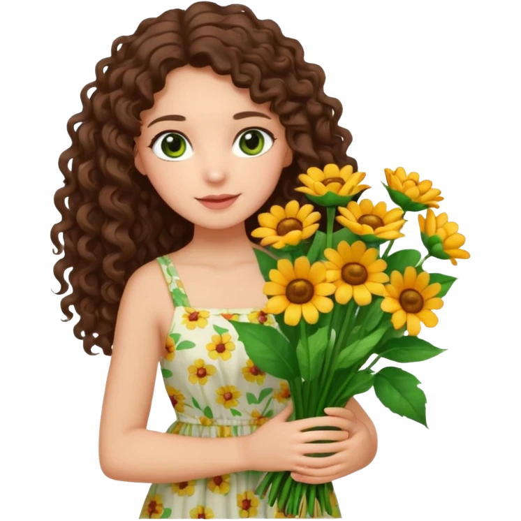 light skinned brunette long curly haired girl with green/hazel eyes holding big bright bunch of flowers. White background. emoji