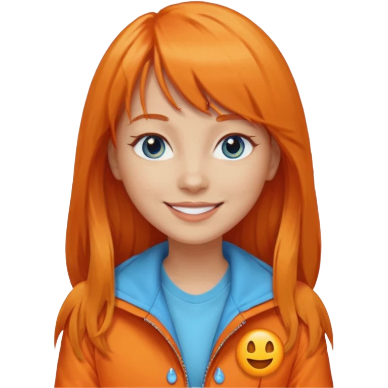 Create a custom emoji-style character inspired by a smiling woman with long orange hair and bangs, light skin tone, light blue eyes, and wearing an orange jacket emoji
