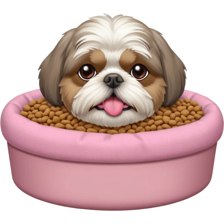 old ALL grey shih tzu in pink dog bed tongue hanging out near bowl of food emoji