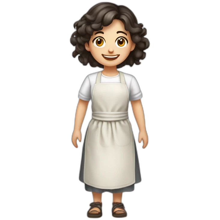 Slavic girl with dark hair in a white T-shirt and apron smiles with a rag in her hands and her hands on her sides emoji
