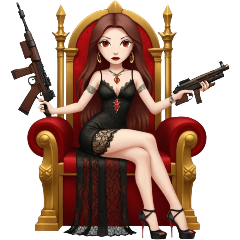 Lilith female red eyes symbol. Tattoo arms. Her hair is brown straight long hair.wearing sexy long  lace dress with slit. black stiletto platform high heels shoes on. Sitting on gold throne with rubies sniper rifle in one hand cash in other hand emoji