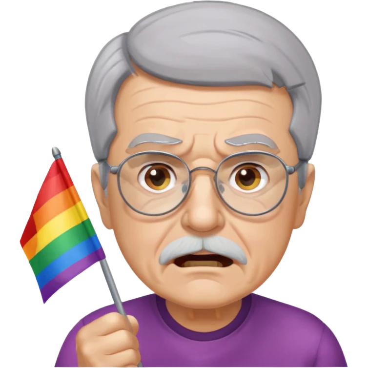 make old old man like 80 with gray hair and fur has HUGE EYE brows and glasses and is always mad and gay holding the rainbow flag emoji