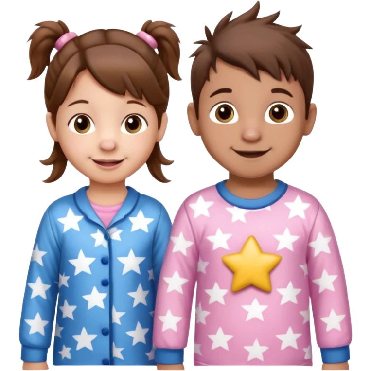 A toddler girl with brown hair with two pig tails, wearing pink pajamas with white stars on them. With a 4 year old boy with spikey brown hair, wearing blue pajamas with white stars on them. Both light skin and smiling. emoji