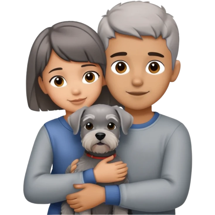 a boy and a shorthair girl hug a grey Schnauzer emoji