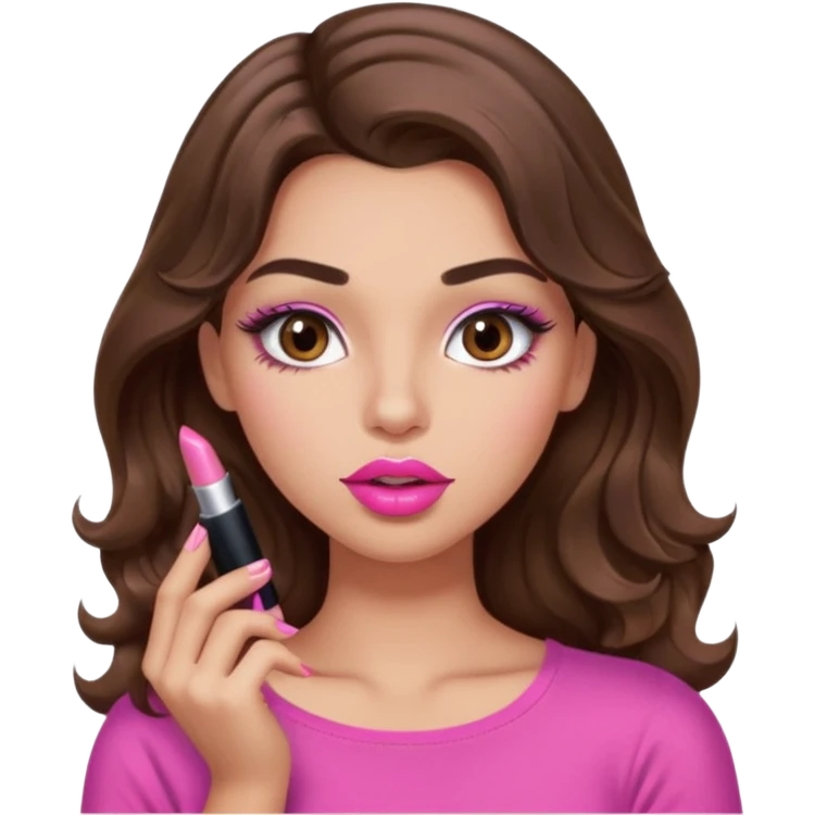 girl with long wavy brown hair, brown eyes, light to medium complexion, in a pink sexy top, pink lips, long lashes, puckered lips, putting on lipstick emoji