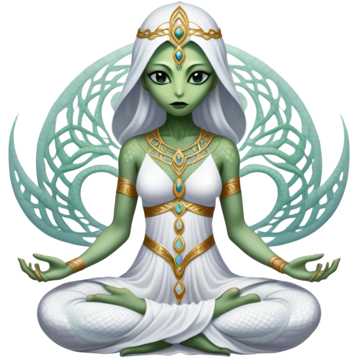a Reptilian alien woman,in meditation, white dress like a priestess emoji