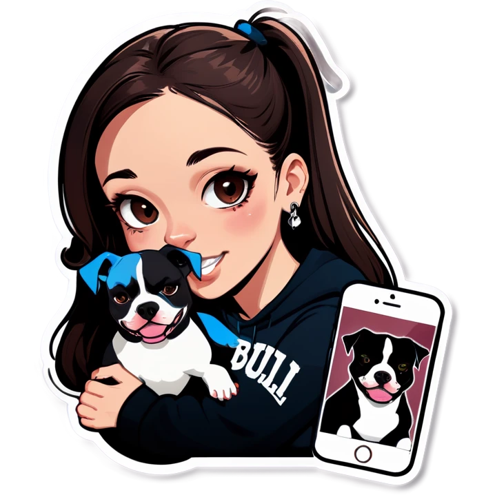 Slightly overweight beautiful girl with choppy long dark hair with her nose piercing and her black iPhone with her her pet pit bull girl with an underbite layed next to her emoji