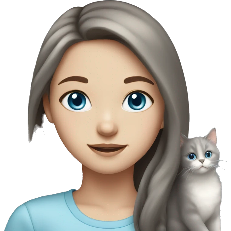 Girl with long brown hair and white skin and light blue eyes with a grey fluffy cat emoji