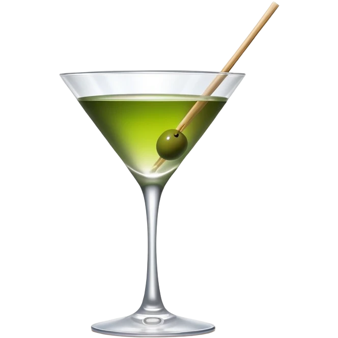 martini glass with absolutely clear water-like liquid, no color tint whatsoever, completely transparent, with a single green olive at the bottom on a wooden toothpick emoji