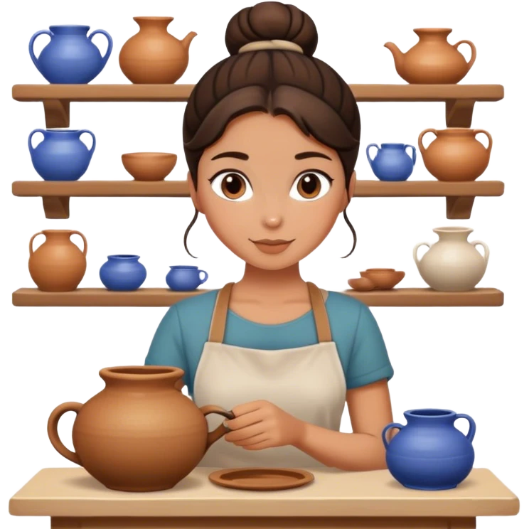 Brunette girl, bun, doing pottery emoji