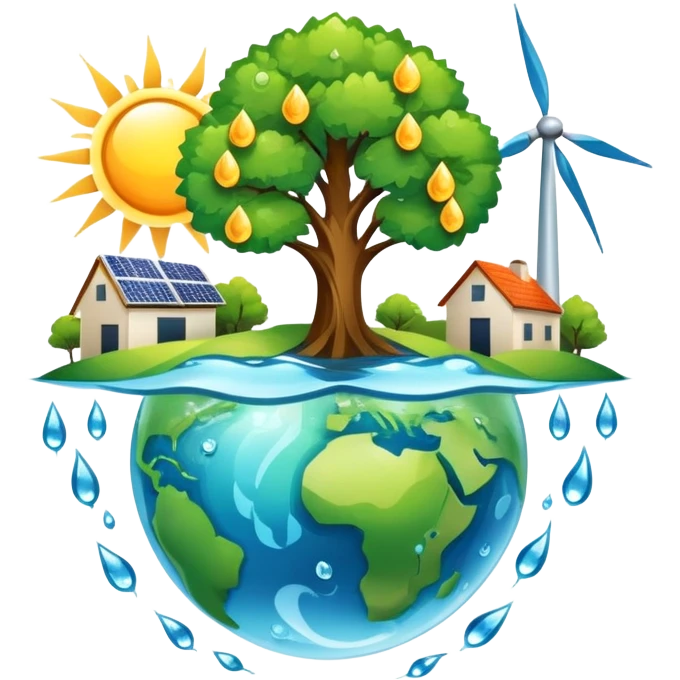 An icon featuring a green Earth, a tree, recycling symbols, and renewable energy sources like wind turbines, solar panels, and hydropower. The design includes animals, water droplets, and the sun, representing ecology, sustainable energy, and environmental protection. Transparent background. emoji