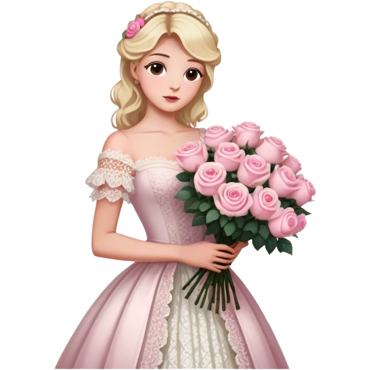 Blonde model with brown eyes wearing a white lacey rococo gown clutching a giant bouquet of cream and pink roses emoji