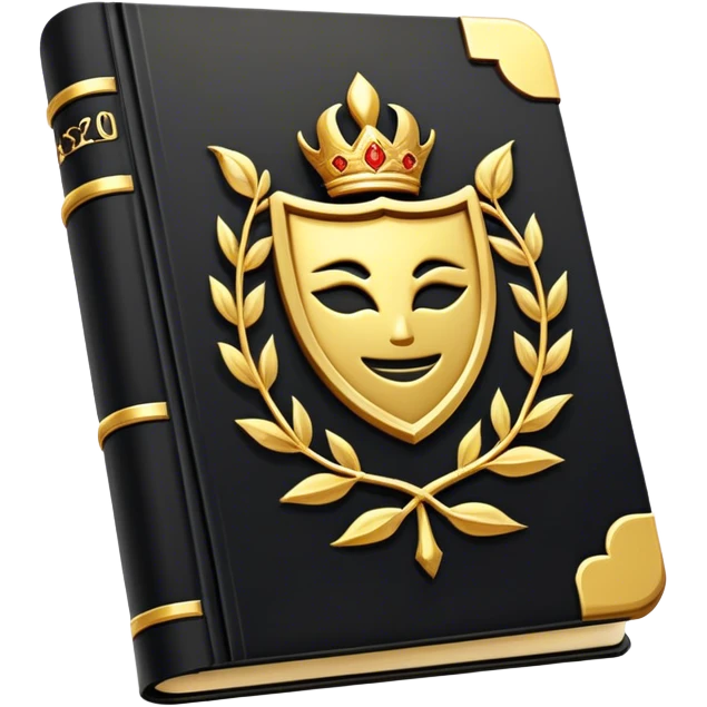 Un libro negro mate con detalles en dorado profundo o rojo oscuro, irradiando una sombra poderosa, con un símbolo de escudo, y una ligera aura de calor, reflejando el poder de vivir sin miedo.  emoji