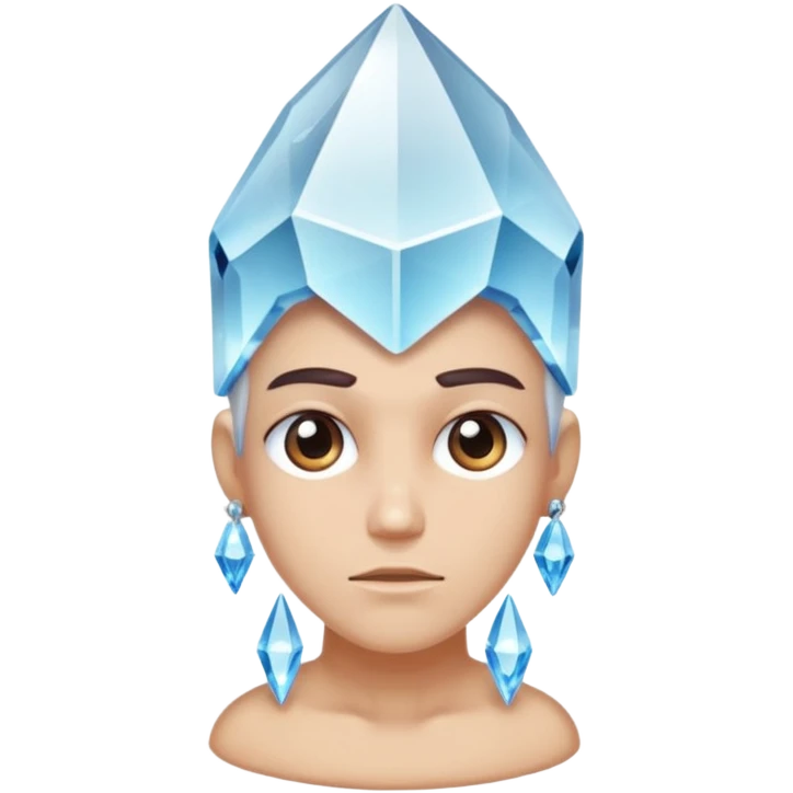A single crystal character inspired by a clear quartz cluster, chunky base with many tall transparent crystal spikes growing upward all around it with a face emoji