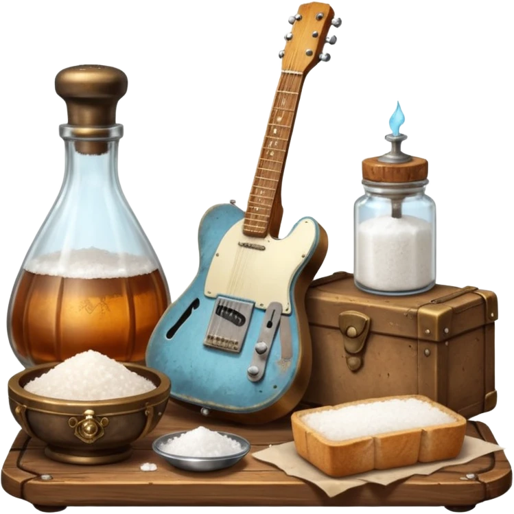 cinematic ultra HD steampunk victorian - a bottle of salt (salt shaker) and a loaf of peasant bread with a small electric telecaster guitar - still life composition emoji