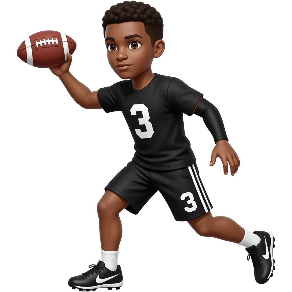 Brown skin teenager with black shirt number 3 black shorts #3 Nike cleats black arm sleeve throwing the football emoji