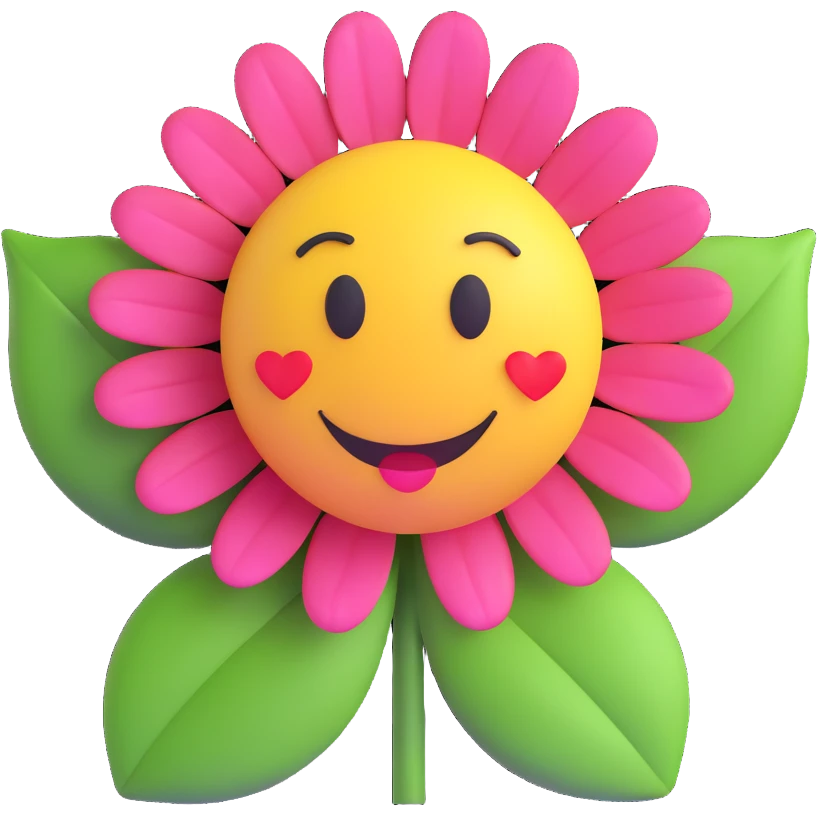 3D smiley emoji, nagy szempillás, virággal, szerelmes emoji