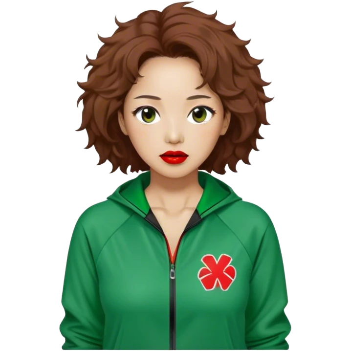 Han Mi-nyeo : Age: Late 40s
Appearance: A middle-aged woman with frizzy, messy brown hair and dramatic red lipstick.
Outfit: Green player tracksuit emoji