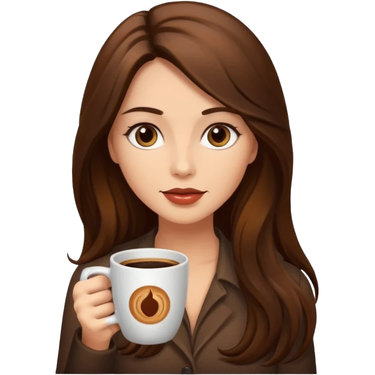 Brown long haired sexy woman with dark brown eyes with cup of coffee emoji