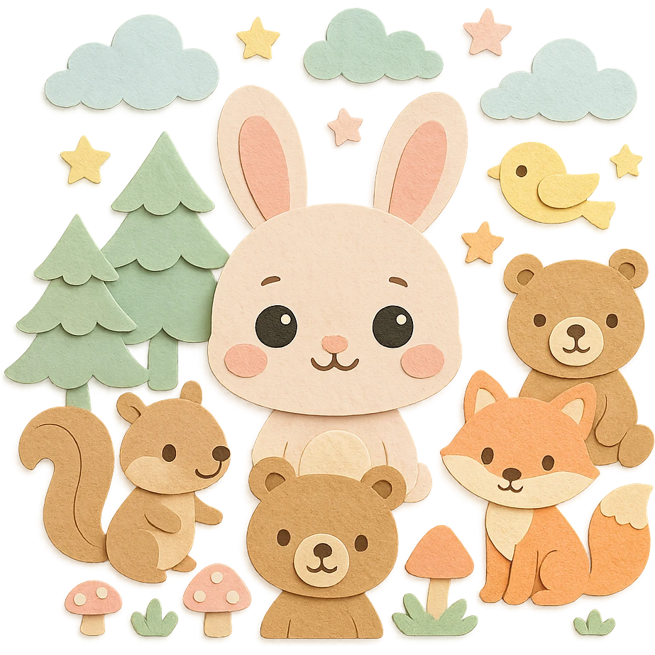 high-quality paper craft style illustration of soft pastel bunny (round baby face, big sparkling eyes, pink blush), surrounded by squirrel, bear, fox, and bird, in a soft pastel green forest with dreamy clouds, pastel stars, mushrooms, hand-crafted paper look, high resolution emoji