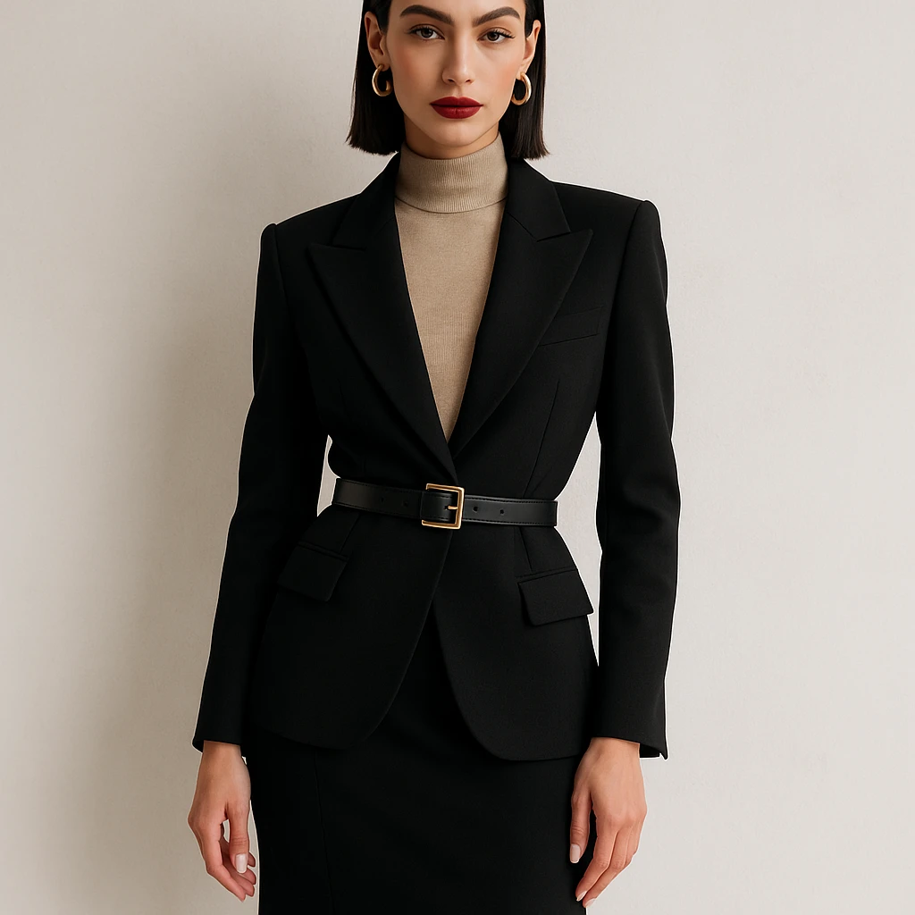 a chic girl with thin eyebrows, straight dark hair, large lips, and a shapely figure, dressed in elegant high-fashion clothing emoji